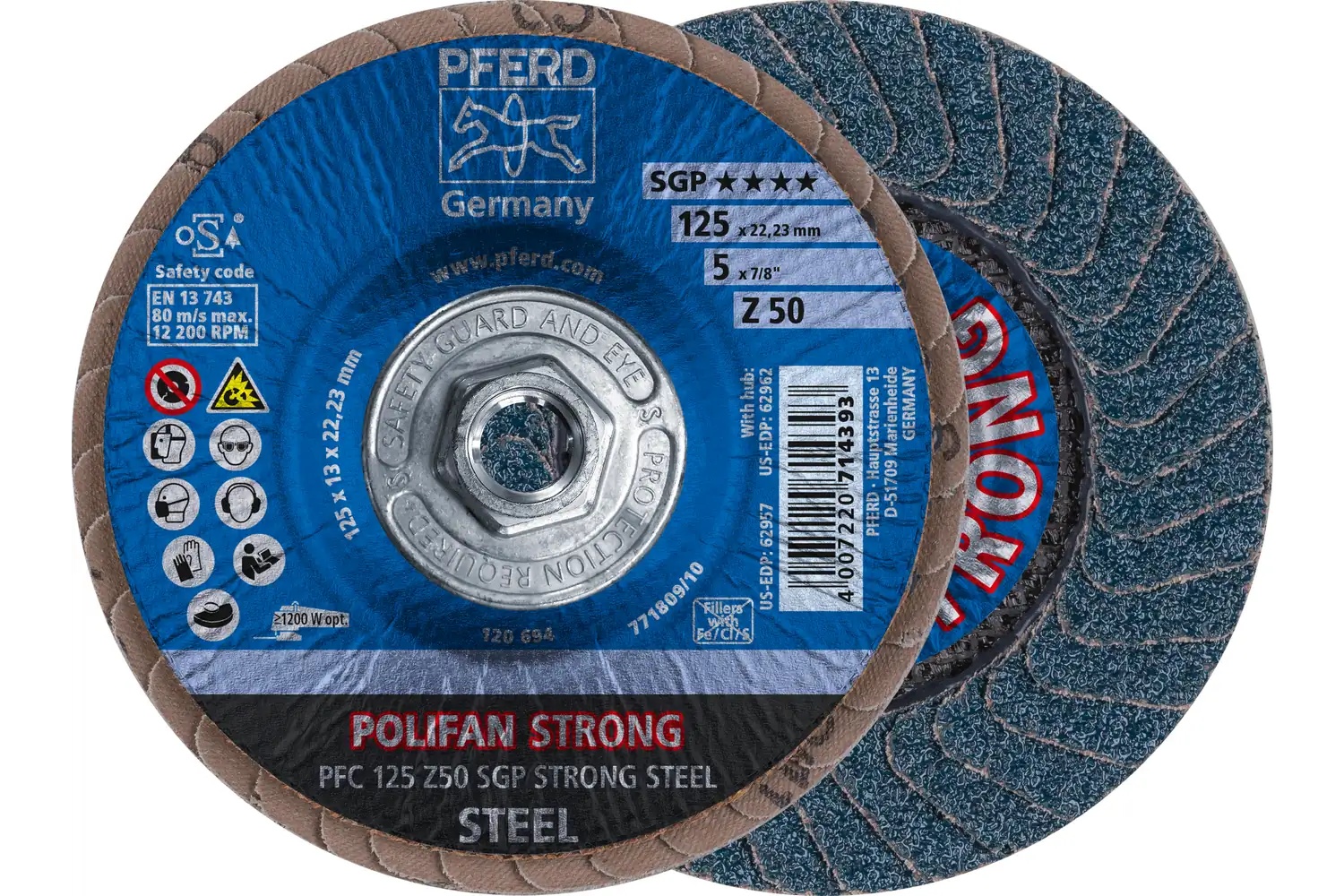 Picture of Pferd Flap Disc, 5" x 5/8-11, Z SGP Strong Steel, 50 Grit, T29, Conical, Zirconia